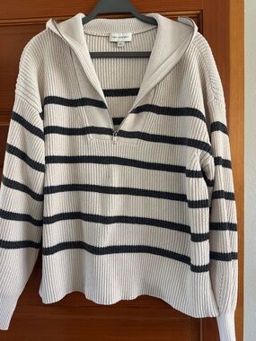 Cream & Black Striped Half-Zip Hoodie Sweater